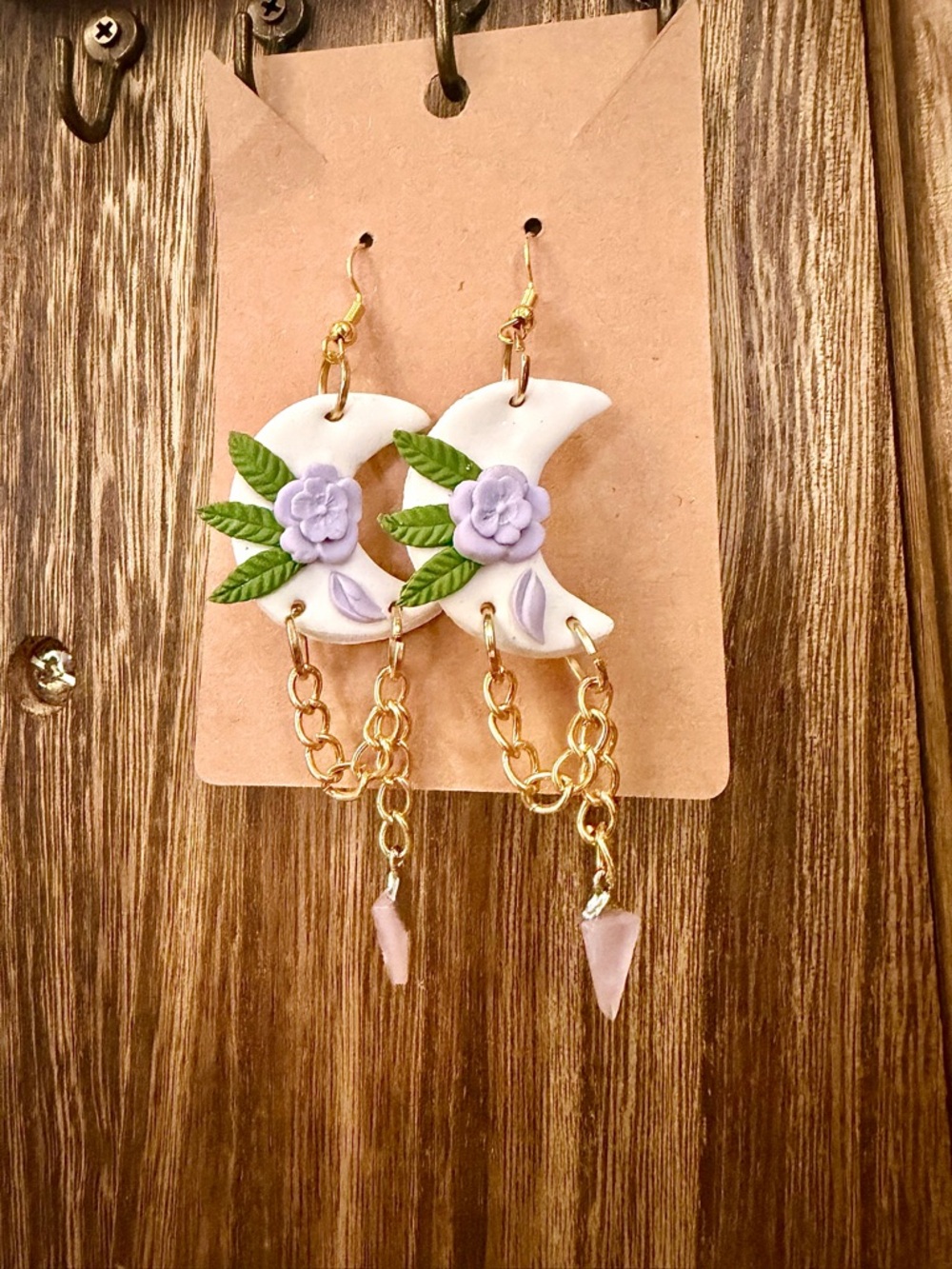 Handmade White Crescent Moon Earrings with Lavender Flowers and Gold Chains